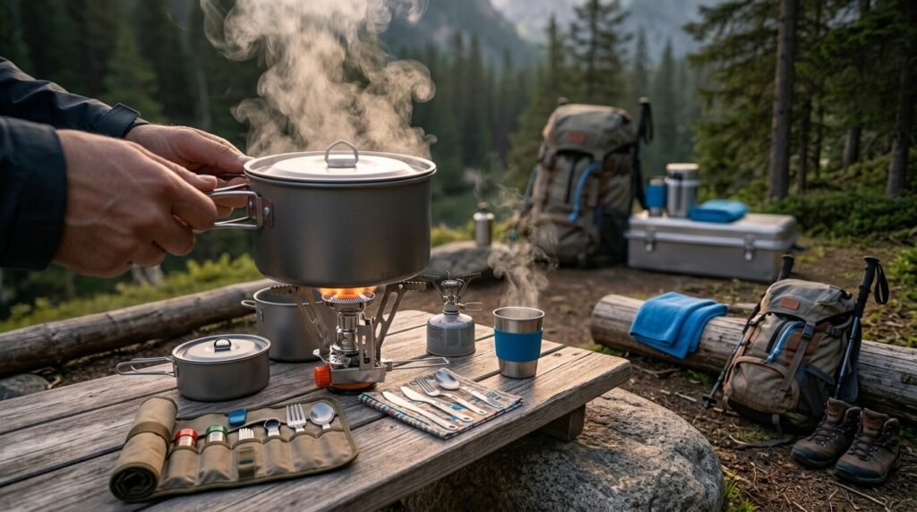 Odoland Camping Cookware Stove Set Review : Lightweight 1.2L/0.6L Pots & Portable Stove for Outdoor Cooking 2 camping cookware in action