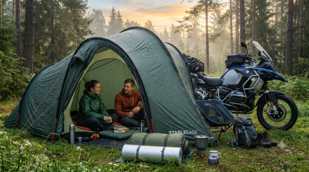 motorcycle tent in action