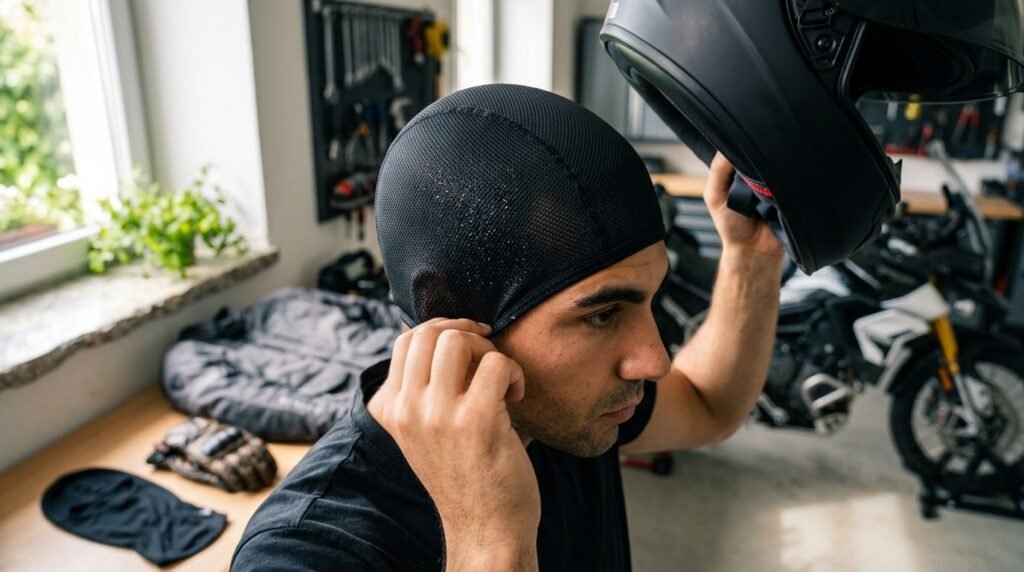 3-Pack Breathable Mesh Skull Cap Helmet Liner – Sweat Control, Lightweight, Perfect Under Any Helmet 2 helmet liner in action