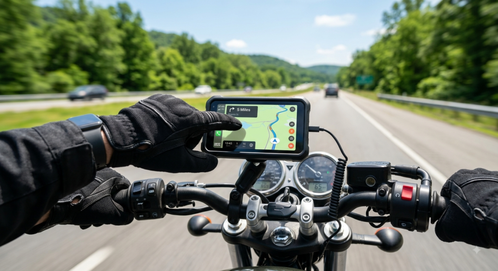 5 Inch Motorcycle Carplay GPS Navigation System—Apple Carplay, Android Auto, Dual Bluetooth, Voice Assistants 2 motorcycle carplay in action