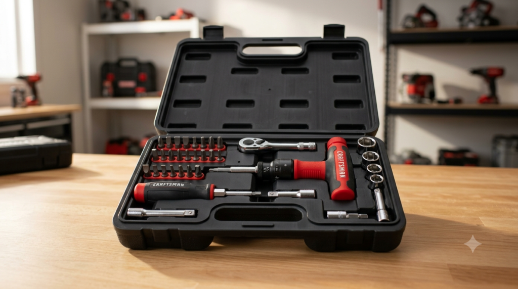 Amazon Basics Ratchet Set: 27-Piece Screwdriver & Socket Kit With T-Handle, Magnetic Holder, Hard Case 1 ratchet set product view