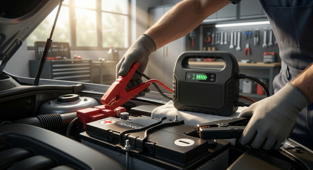 NOCO Boost GB70 Jump Starter Review: 2000A UltraSafe Power for 8.0L Gas & 6.0L Diesel, Reliable & Portable 2 jump starter in action