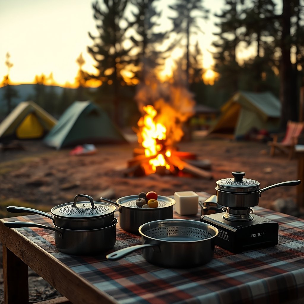 OXO Outdoor 8 Piece Camping Cookware – Space-Saving Set With Carbon Steel Pan, Saucepans, Removable Handle & Bag 1 camping cookware product view