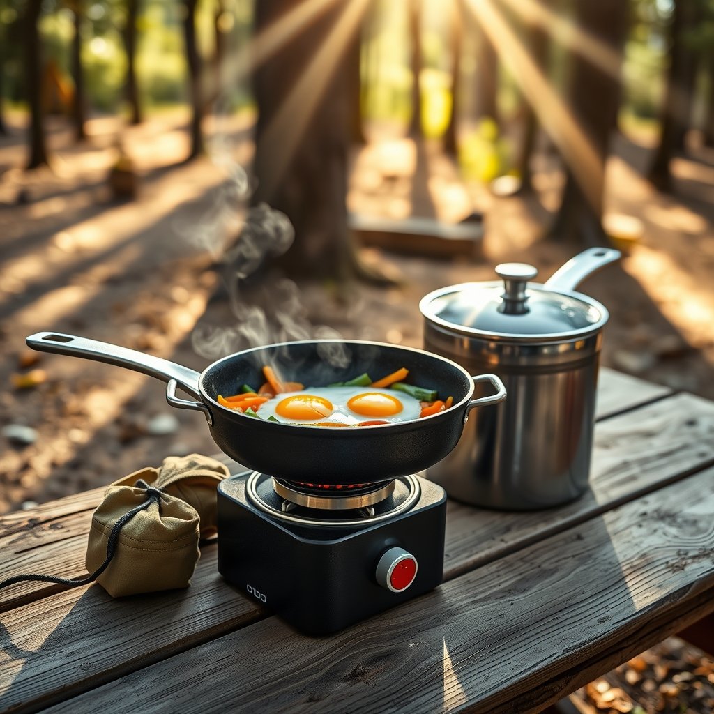 OXO Outdoor 8 Piece Camping Cookware – Space-Saving Set With Carbon Steel Pan, Saucepans, Removable Handle & Bag 2 camping cookware in action