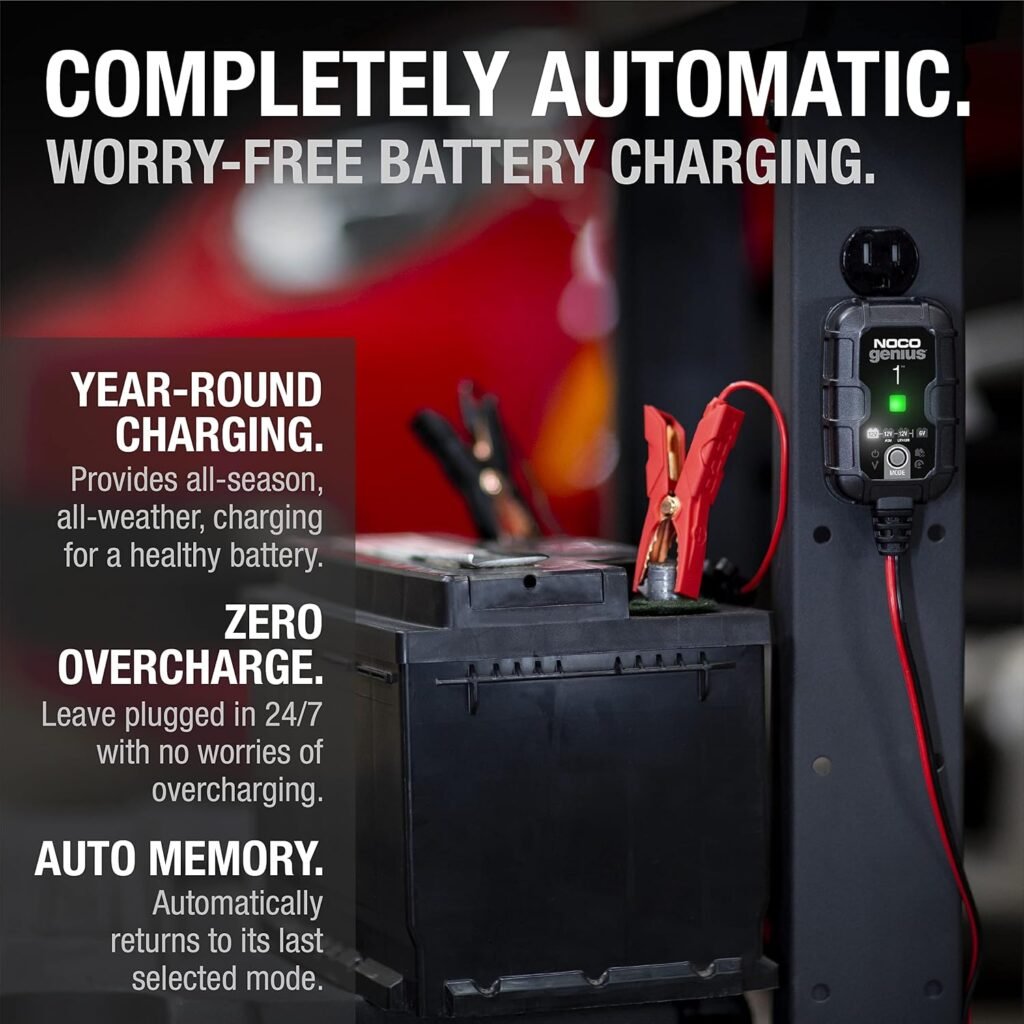 NOCO GENIUS1 Battery Charger – 1A Smart 6/12V Trickle Charger & Maintainer for Reliable Power in 2026 2 battery charger in action