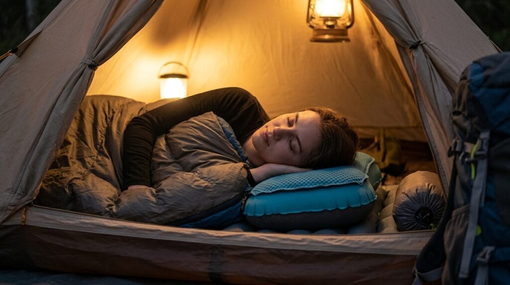 camping pillow in action